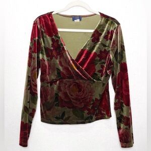 Rag Vintage Y2K Women’s Top Large Rose Romantic Velour Floral Long Sleeve Large